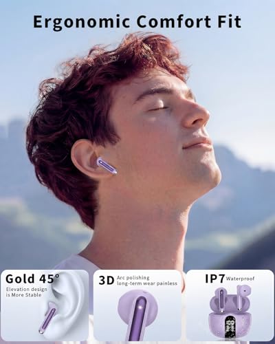 Wireless Earbuds, 2026 Bluetooth 5.4 Headphones Bass Stereo Ear Buds with Noise Cancelling Mic, LED Display in Ear Earphones 50H Playtime Ear Buds, IP7 Waterproof for Laptop Pad Phones Deep Purple - color: Deep Purple