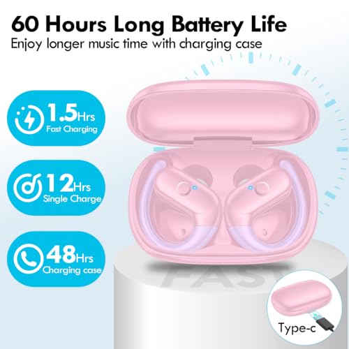 kurdene Wireless Earbuds Bluetooth Headphones with Secure Earhooks 60Hrs - color: Cherry Pink