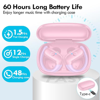 kurdene Wireless Earbuds Bluetooth Headphones with Secure Earhooks 60Hrs - color: Cherry Pink