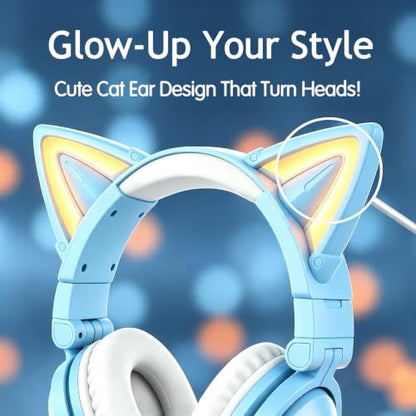 Cat Ear Headphones with Microphone,Gaming Headset,LED Lights | Bluetooth Over Ear Headphones,Dual Mode Wireless & Wired Headphones,Compatible with Phone/PC/Tablet/TV,Foldable,Blue - color: Blue