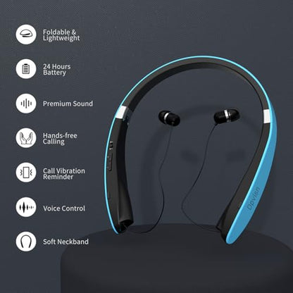 Bluetooth Neckband Headphones, Foldable Wireless Lightweight Neck Headset with Retractable Earbuds, Noise Cancelling Sweatproof Stereo Earphones with Mic & Carrying Case - color: Light Blue