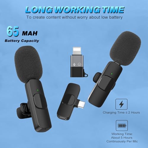 Wireless Lavalier Microphone for iPhone and USB C, 2 in 1 Mini Clip-on Wireless Lapel Mics Compatible with iPhone,iPad, Android for Video Recording,YouTube, Interview, TikTok, Vlog