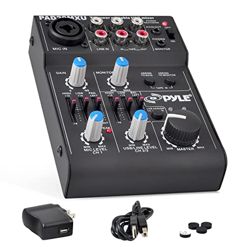 Pyle 5-Channel Rechargeable Mini Portable Audio Mixer – Compact Music Mixer DJ Controller with USB Interface, Slider EQ Controls, XLR Combo Mic Input, Rechargeable Battery, USB/Line/Master Controls - style: 5 Channel