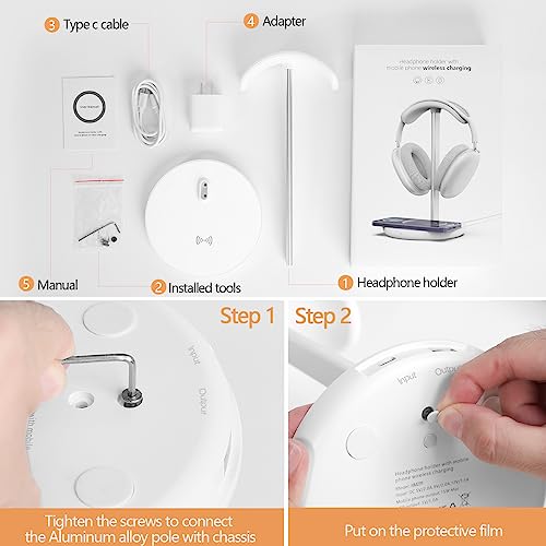 Hiwe Headphone Stand with Wireless Charger, Gaming Headset Holder for Desk | 2 in 1 Charging Station for iPhone, Samsung, AirPods and Desk All Headphones, Aluminum Support Rod, Heavy Base Stand, White - color: White