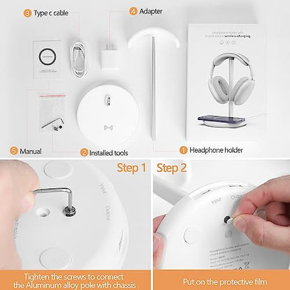 Hiwe Headphone Stand with Wireless Charger, Gaming Headset Holder for Desk | 2 in 1 Charging Station for iPhone, Samsung, AirPods and Desk All Headphones, Aluminum Support Rod, Heavy Base Stand, White - color: White