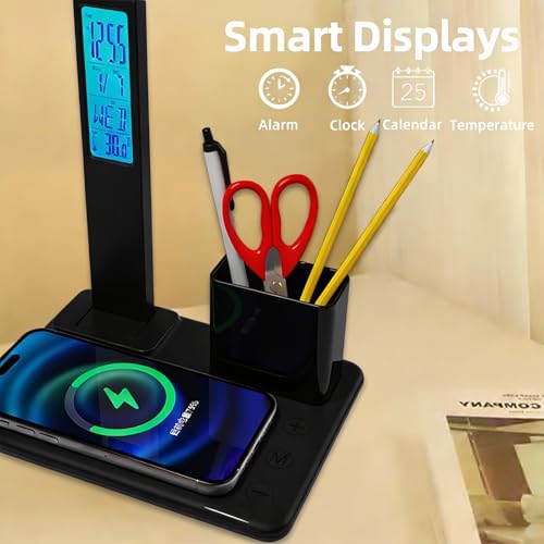 IHAO 7in1 Smart Desk Lamp with Wireless Charger & Digital Clock | 15W Fast Charging for Phone & Earbuds, Time/Date/Temp Display, Alarm, 3 Light Modes, USB Port, Detachable Pen Brush Pot-HYT1771 Black - color: Table Lamp with Brush Pot HYT1771 Black