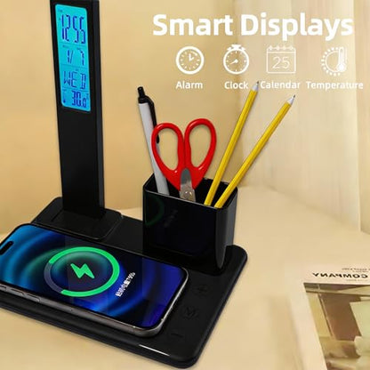 IHAO 7in1 Smart Desk Lamp with Wireless Charger & Digital Clock | 15W Fast Charging for Phone & Earbuds, Time/Date/Temp Display, Alarm, 3 Light Modes, USB Port, Detachable Pen Brush Pot-HYT1771 Black - color: Table Lamp with Brush Pot HYT1771 Black