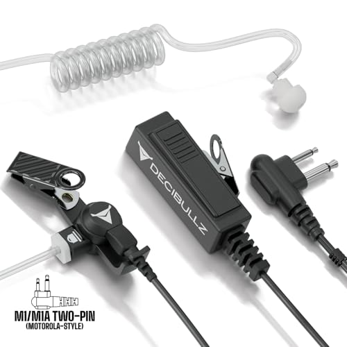 Decibullz 2-Way Surveillance Acoustic Tube Headset, M1 Earpiece Audio Set Compatible with Motorola 2-Pin (2.5mm & 3.5mm) M-Plug Jack Connector, Inline PTT Mic, Clear Coil - style: M1 2-Way Headset