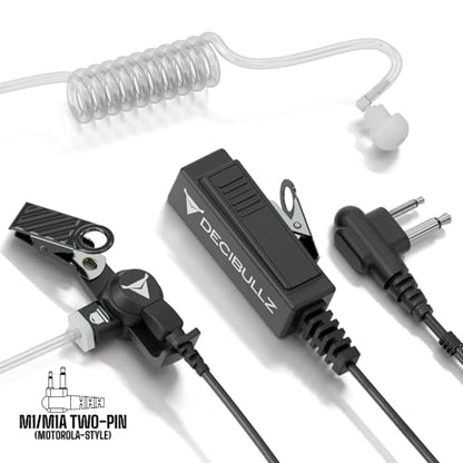 Decibullz 2-Way Surveillance Acoustic Tube Headset, M1 Earpiece Audio Set Compatible with Motorola 2-Pin (2.5mm & 3.5mm) M-Plug Jack Connector, Inline PTT Mic, Clear Coil - style: M1 2-Way Headset