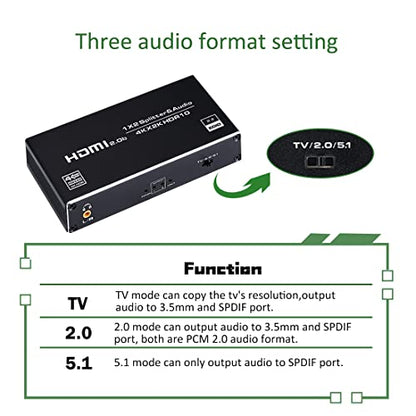 HDMI Splitter 1 in 2 Out, 4K@60Hz HDMI Splitter 1x2 with Audio Extractor 3.5mm Audio Jack + Coaxial + Optical Toslink SPDIF for Xbox, PS4, Blu-ray