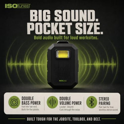 ISOtunes Sidekick Wearable Bluetooth Speaker, Clip On Bluetooth Speaker | 20-hour battery, Bluetooth 5.4 with mic, magnetic clip, LED light, USB-C charging, IP67, MIL-STD-810H drop tested