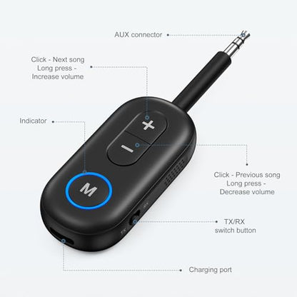 Upgraded Bluetooth 5.3 Transmitter Receiver 2 in 1, Bluetooth Adapter for Airplane, Low Latency, Hands-Free, 3.5mm Aux Audio Adapter for Travel Flight Car Home Stereo Theater - color: Black