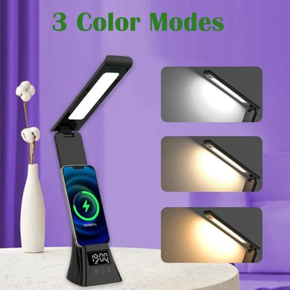 IHAO 3in1 Foldable Eye-Care Desk Lamp with 15W Wireless Charger & Digital Clock Touch Control, 3 Color Temperatures, Alarm, 180° Foldable, Phone Stand, Modern LED Table Lamp TYV-2088 Black - color: Table Lamp TYV-2088 Black