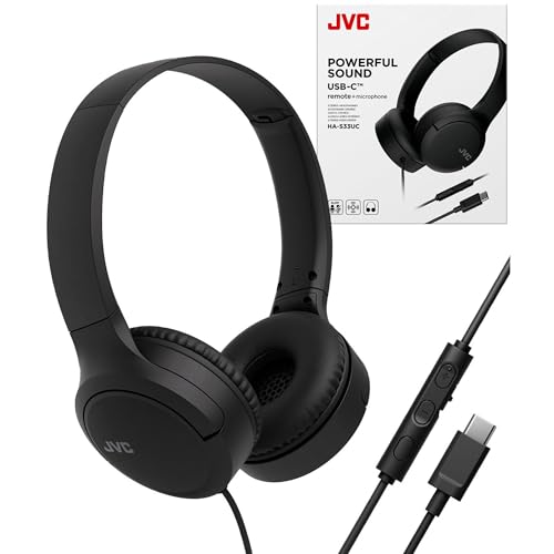 JVC USB-C Wired On-Ear Headphones with Mic – Comfortable All-Day Wear, Clear Calls, Rich Sound – Foldable & Lightweight – Tangle-Free Single-Sided Cable – Great for Gaming & Work from Home - color: Black