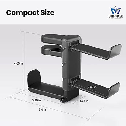 EURPMASK 3-in-1 Rotating Headphone Stand w/2 Detachable Controller Holders | Adjustable Clamp-on Headset Holder Hanger,360°Swivel,Gaming Headset Hanger,Cable Organizer,Keep Headphones Secure&Desk Tidy - color: Black Pro
