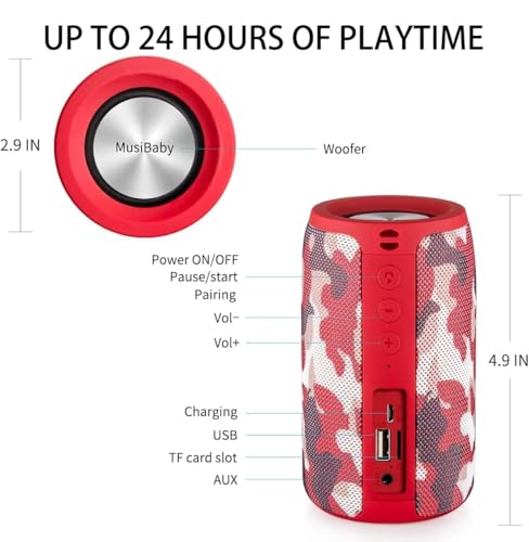 Musibaby M68 Compact Outdoor Speaker, IPX5, Camo Red | Portable, small and compact with USB playback, AUX input, FM radio, TF card playback, up to 24H and dual pairing. - color: Camo Red