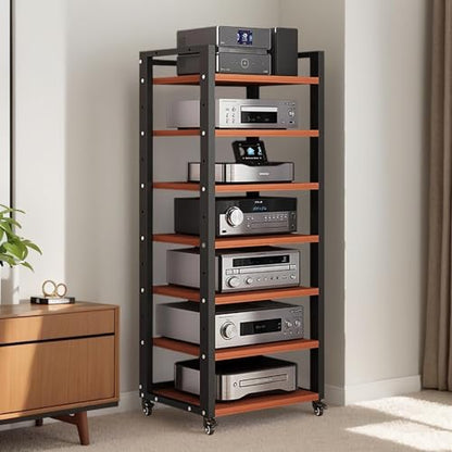 7 Tier Av Media Stand With Wheels, 55in Adjustable Audio Rack - color: Black + Teak