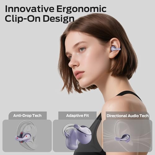 Monster Open Ear AC225 Headphones, Bluetooth 6.0 Wireless Earbuds, Stereo Sound, Lightweight Comfort Clip-On Earbuds with ENC Mic for Clear Calls, 36H Playtime, Touch Control, IPX6 Waterproof, Purple