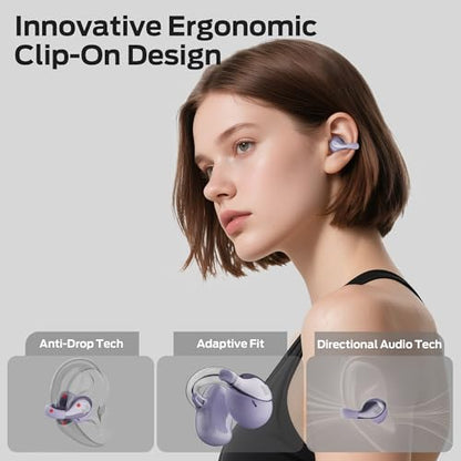 Monster Open Ear AC225 Headphones, Bluetooth 6.0 Wireless Earbuds, Stereo Sound, Lightweight Comfort Clip-On Earbuds with ENC Mic for Clear Calls, 36H Playtime, Touch Control, IPX6 Waterproof, Purple