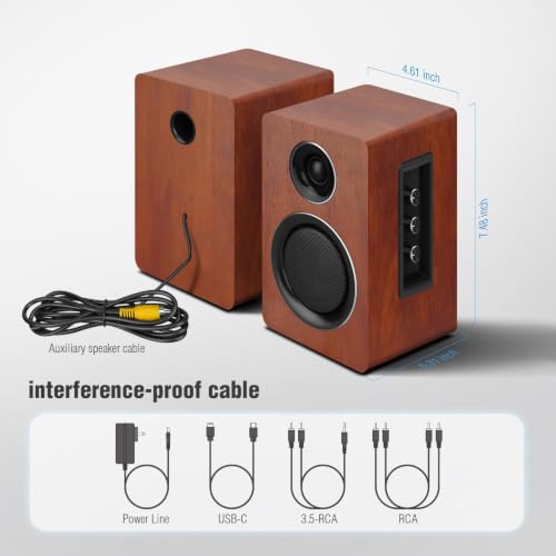 Computer Speakers, Bluetooth 5.3, USB-C, AUX/RCA, 3-Inch Woofer, Brown | A 3-inch carbon fiber woofer and 1-inch silk dome tweeter in wood cabinets. For PCs, turntables, TVs, gaming and music. - color: Brown