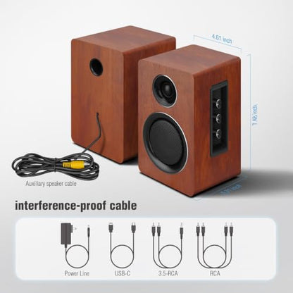 Computer Speakers, Bluetooth 5.3, USB-C, AUX/RCA, 3-Inch Woofer, Brown | A 3-inch carbon fiber woofer and 1-inch silk dome tweeter in wood cabinets. For PCs, turntables, TVs, gaming and music. - color: Brown