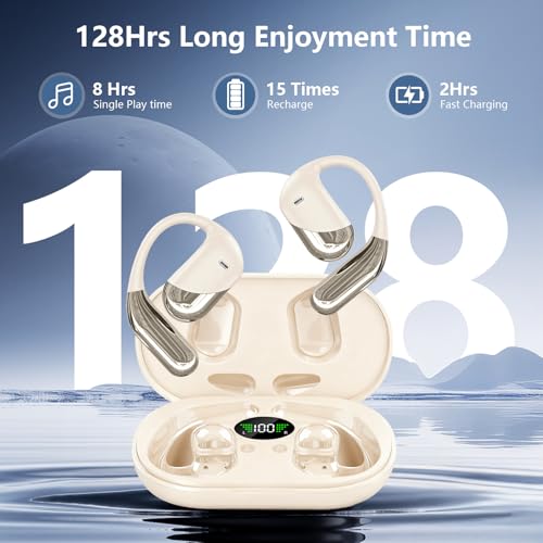 Open Ear Clip Wireless Earbuds Headphones, Bluetooth Built-in Mic, IPX7 Waterproof, LED Display Charging Case,Ear Hooks Ear Buds Ultra Comfort Design for Running/Walking/Cycling/Gym - color: Beige
