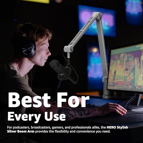 Boom Arm - Adjustable 360° Rotatable Microphone Sturdy Stainless Steel Mic Desk, Table Stand Foldable Scissor Stable Mount Arms for Radio Studio, Podcast, Gaming (MATTE SILVER) - color: Matte Silver