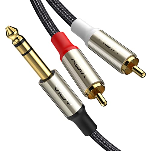 VIOY 1/4 to RCA Cable 15FT, 6.35mm TRS Male to Dual RCA Male Y-Splitter | Copper shell, dual shielding lossless Hi-Fi sound,braided bidirectional transmission for amplifier, mixer, home theater - color: Champagne gold, size: 15FT