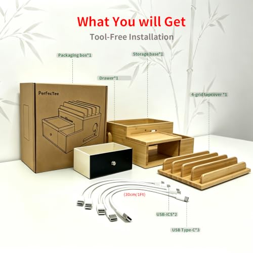 Bamboo Charging Station Organizer with Drawer and Pen Holder | Charging Stand Rack for Multi-Devices, Cable Organizer Box, Bedside Dock Stand Holder (Include 5 Cables)(No Power Adapter)