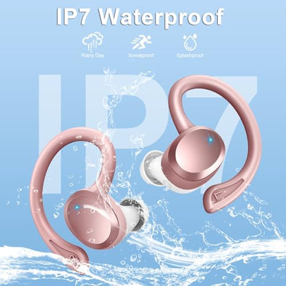 Wireless Earbuds Sport, Bluetooth 5.4 Headphones Bass Hi-Fi Stereo Over Ear Buds, 56Hrs CFZNoise Cancelling Headset with Earhook, IP-X7 Waterproof Earphones Workout Running for Laptop Pad Android iOS - color: Deep Rose Gold