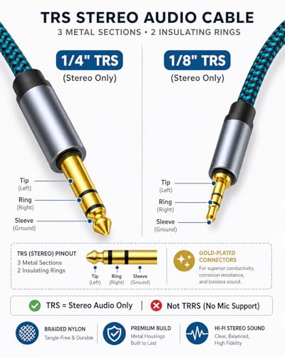 1/8 to 1/4 Stereo Audio Cable, 3.5mm to 6.35mm TRS Male Nylon Braided Cord for Guitar, Keyboard, Amplifier, Mixer, Home Theater 6.6FT - size: 6.6ft