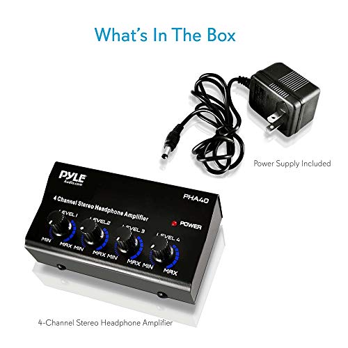 4-Channel Portable Stereo Headphone Amplifier - Professional Multi Channel Mini Earphone Splitter Amp w/ 4 ¼” Balanced TRS Headphones Output Jack and 1/4" TRS Audio Input For Sound Mixer - Pyle PHA40 BLACK - size: 6X6X5