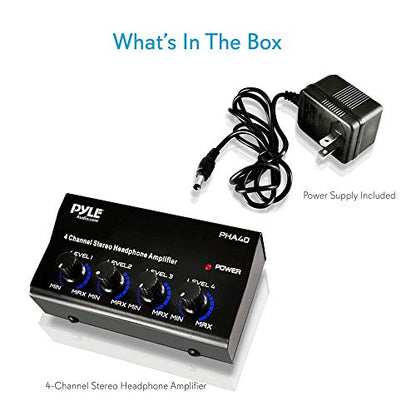 4-Channel Portable Stereo Headphone Amplifier - Professional Multi Channel Mini Earphone Splitter Amp w/ 4 ¼” Balanced TRS Headphones Output Jack and 1/4" TRS Audio Input For Sound Mixer - Pyle PHA40 BLACK - size: 6X6X5