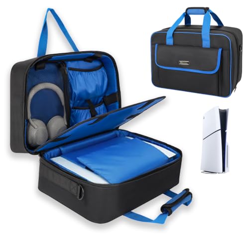 Carrying Case Compatible with PS5, PS5 Slim& Pro, Padded Travel Case | Storage for 2 Controllers, Headset & Cables, Padded Interior, Water-Resistant Exterior, Hold-Down Strap, Bag Only