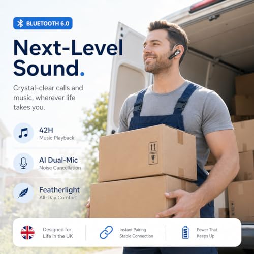 Micool Bluetooth Earpiece for Truckers V6.0 with Noise Cancelling 38 Hours Wireless Headset for Driving, Handsfree Single Ear Headphone for CB Radio & Cell Phone, Dual Device Pairing (Gold)
