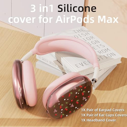 Pink Cherry Bow Clear Case for Airpods Max Headphones Cute Kawaii Soft TPU Ear Cups Cover Anti-Scratch Silicone Ear Pad Protective Case Fashion Print Headband Cover for Apple Airpods Max - color: Cherry bow 05