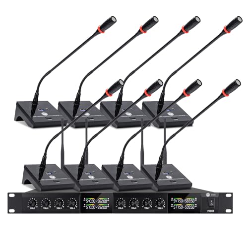 W IN-MIX Wireless Conference Microphone System, 8 Channel Wireless Podium Microphone,8 Gooseneck Mics Adjustable Frequency Super-Low Background Noise for Lecture, Church, Conference, Public Speaking