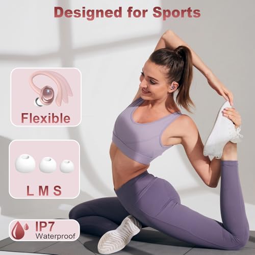 Hupoaf Wireless Earbuds Sport, NEW Bluetooth 5.4 Headphones with Earhooks, 50H Stereo Deep Bass Over Ear Buds with 4 ENC Noise Canceling Mics, IP7 Waterproof Earphones for Running Workout Gym -Pink - color: A-Pink