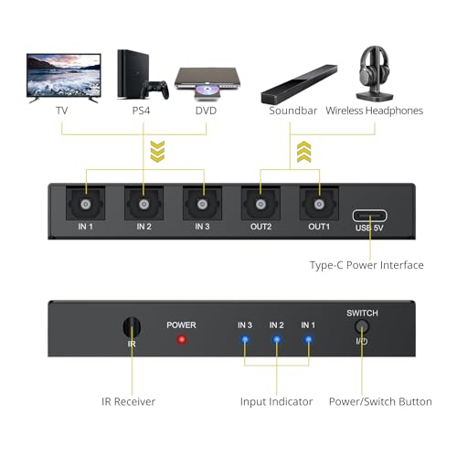 PROZOR Digital Audio Switcher Splitter - 3 in 2 Out 3 Port Spdif Toslink Optical Switch with Remote Control, Aluminum Alloy Material 2 Way Digital Audio Splitter Support LPCM 2.0 DTS Dolby-AC3 | with Remote Control Aluminum Alloy Material 2 Way 3 Port Spd