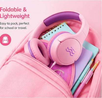 2-Pack Wired Kids Headphones with Mic, 85/94dB Volume Limiting, Foldable On-Ear Headset for School, Travel, Tablet & Laptop, 3.5mm Jack, Green/Pink/Purple - color: GreenPurple pinkpurple