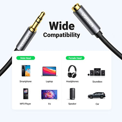 UGREEN Headphone Extension Cable 3.5mm Aux 3 Pole TRS Extender Cord 10FT | Male to Female, Audio Only, Gold Plated, Compatible with iPhone iPad Phone, Headset, Gaming Console, Car Stereo, Speaker - size: 10FT