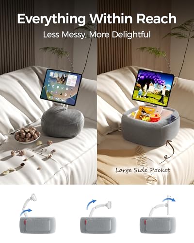 LULULOOK Tablet Pillow Stand, Compatible with iPad, iPhone and 4.7-14.6”Tablet, 360° Adjustable Kindle Pillow Stand for Bed with Ultra Fluffy Fabric & Snack Bowl (Fluffy Gray) - color: Fluffy Gray