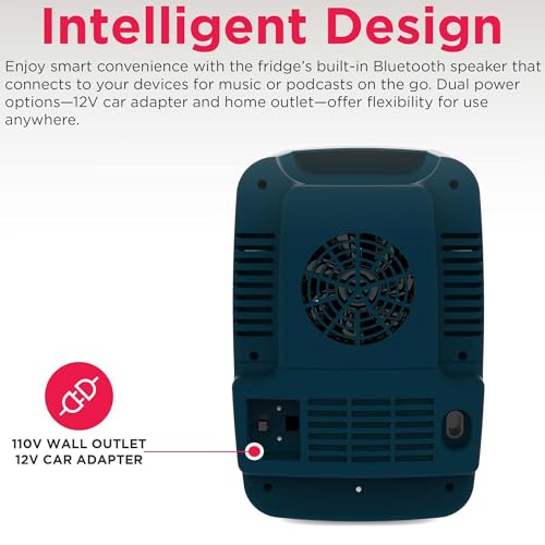 Frigidaire Mini Portable Compact Personal Cooler Fridge, 4 Liter Capacity Chills Six 12 oz Cans, 100% Freon-Free & Eco Friendly, Includes Plugs for Home Outlet - AZURE, BUILT IN BLUETOOTH SPEAKER - color: Azure