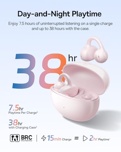 Baseus Bass BC1 Open Ear Earbuds Clip-On Headphones, Open-Ring Comfort with Tri-Curve Snug Clip, Powerful Sound with SuperBass, 4-Mic Clear Calls, IP55 Waterproof, 38H Playtime - color: Pink