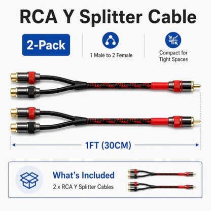 RCA Y Splitter Cable 1ft 2-Pack, 1 Male to 2 Female RCA Splitter, 4N OFC Braided Shield 24K Gold Plated Audio Splitter for Subwoofer Amplifier Home Theater Car Stereo for Pioneer Sony Yamaha