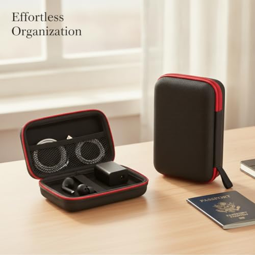 Compact EVA Hard Shell Case for Earbuds & Cables - Portable Digital Organizer Pouch, 5.9 x 3.9 x 1.6 Inches, Black