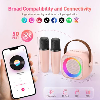 Karaoke Machine for Kids Adults, Mini Portable Bluetooth Karaoke Speaker with 2 Wireless Microphone and Lights, Christmas Birthday Gifts for Girls Ages 4, 5, 6, 7, 8, 9, 10, 12+ Family Home Party - color: P-ink