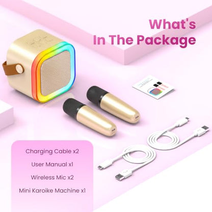 Mini Karaoke Machine, Portable Bluetooth Speaker & 2 Wireless Microphones | Karaoke Player Karaoke Microphone For Family Home Party Outdoor With HI-FI Sound | 5 Magic Sound | PA System | USB | TF | AUX - color: Gold