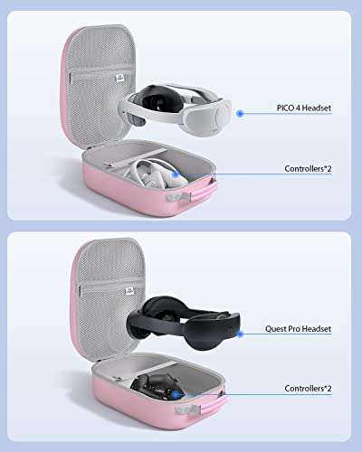 Hard Carrying Case for Meta Quest 3S/3 Oculus Quest 2 Pico 4 | Compatible with Vision Pro, Hard Travel Storage Case, Fits Elite & Battery Head Straps, (Pink )
