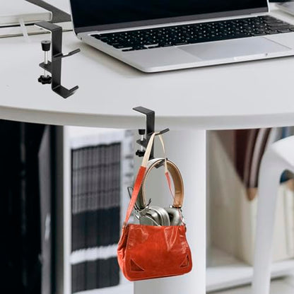 Desk Mount Headphone Hook Bag Holder Hook Clamp,Headphone Hanger and Backpack Hanger with Double Hooks,Universal Aluminum Alloy Gaming Headphone Stand Under Desk (Black) - color: Black